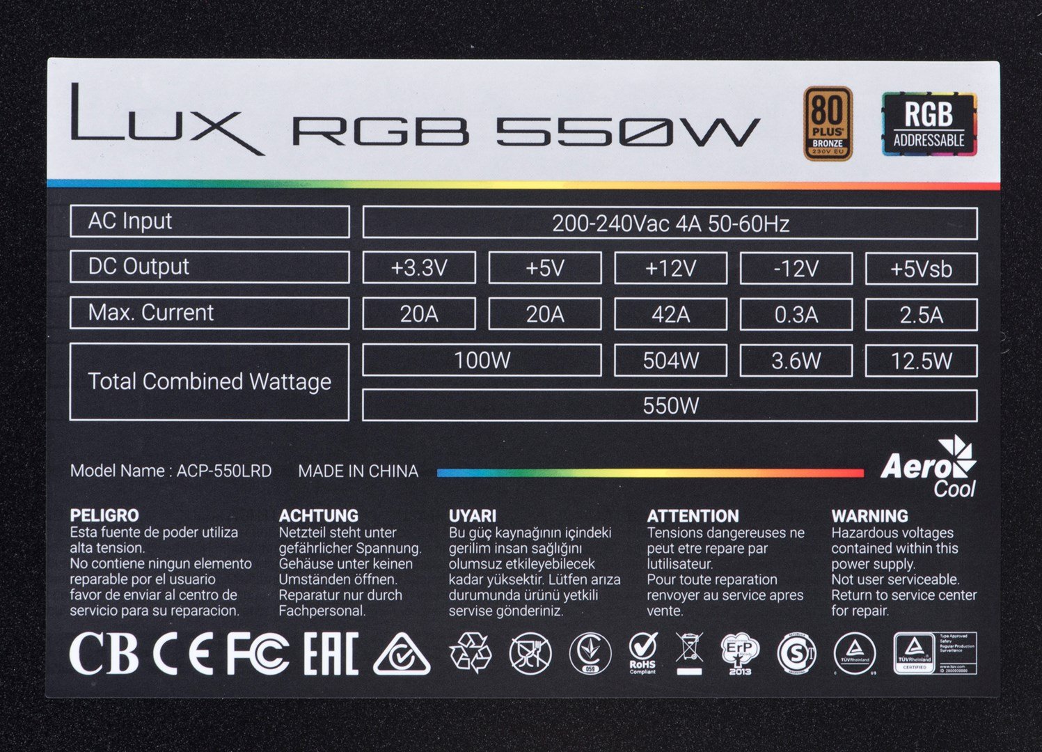 AeroCool LUX RGB 550W Power Supply, 80Plus Bronze, 12cm, Black - Thumbnail 5