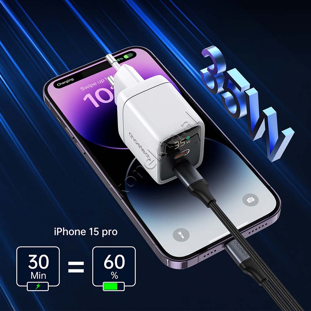 Choetech Adaptor Karikimi 35W Me 2 Porta Type-C Dhe Display - Thumbnail 6