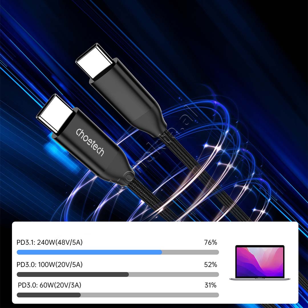 Choetech Type-C Cable, 240W, 1.2m, Black - Thumbnail 5