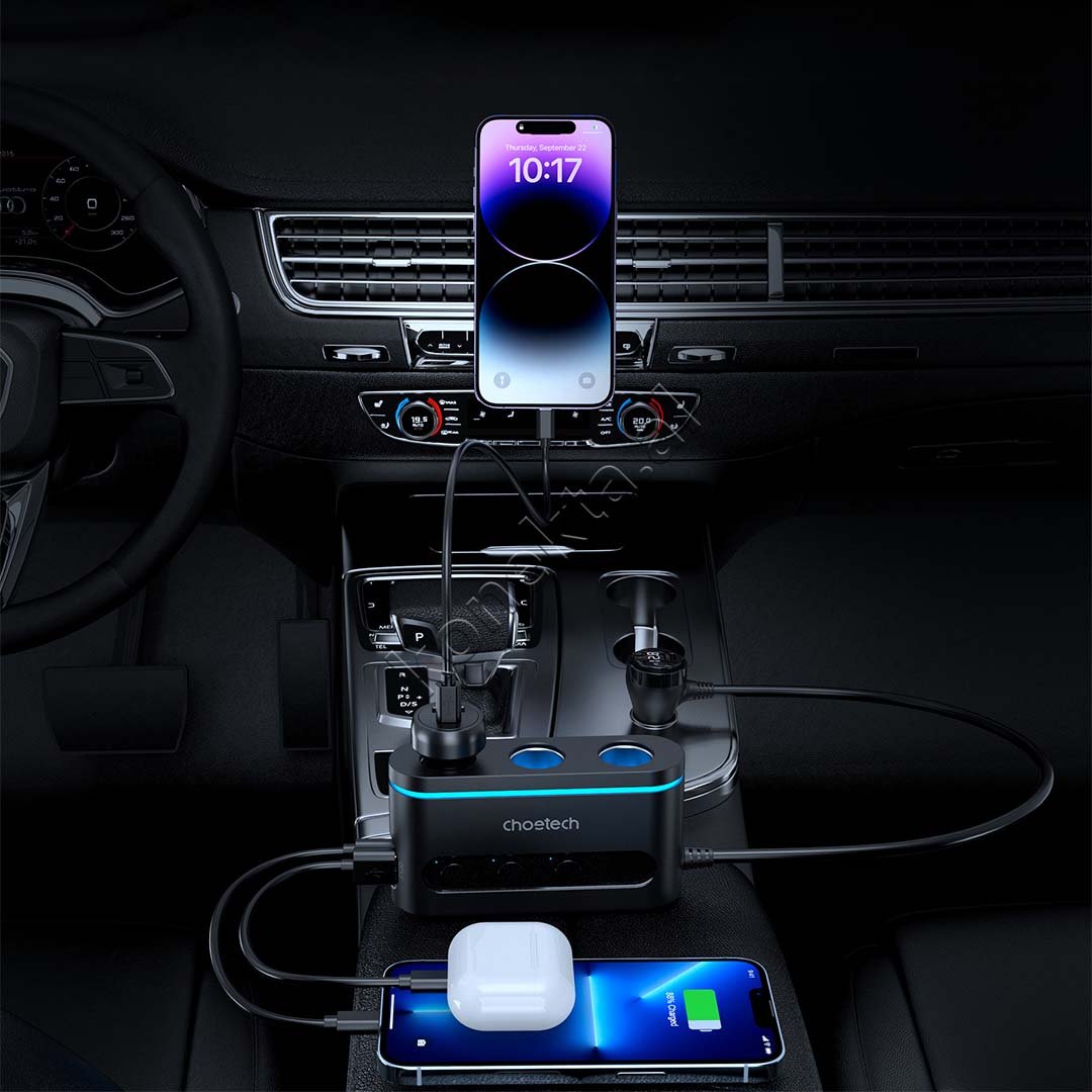 Choetech Car Charger, 200W, 2x Type-C, 1x USB - Thumbnail 6