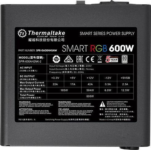 Thermaltake Smart RGB PS-SPR-0600NHSAWE-1 Power Supply, 600W - Thumbnail 4