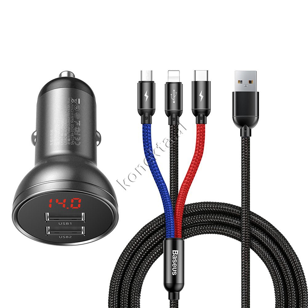 Baseus Car Charger Adapter with 2 Ports and 3-in-1 Cable - Thumbnail 2