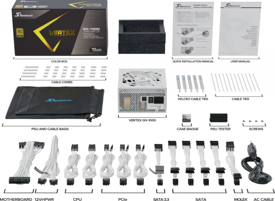 Seasonic Vertex GX Power Supply, White, 1000W - Thumbnail 10