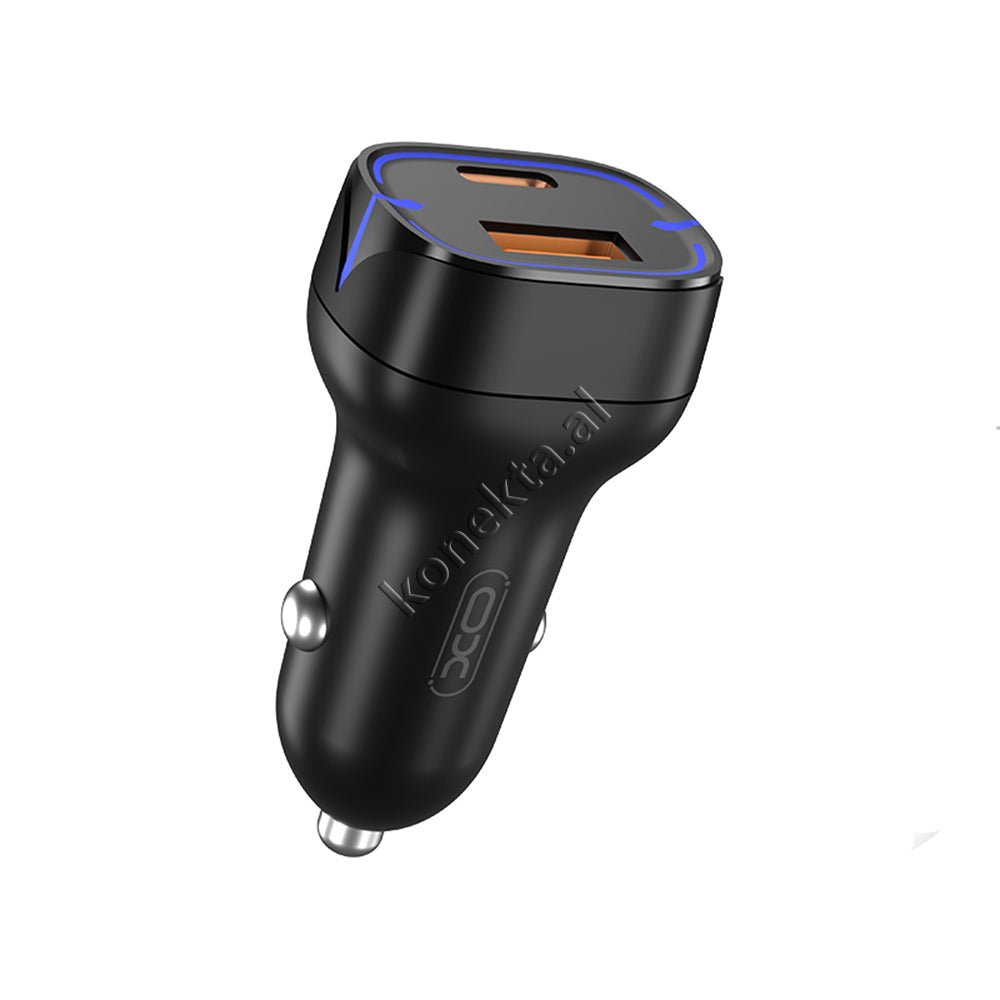 XO 20W Car Charger, Black / White, USB & Type-C Ports - Image 1