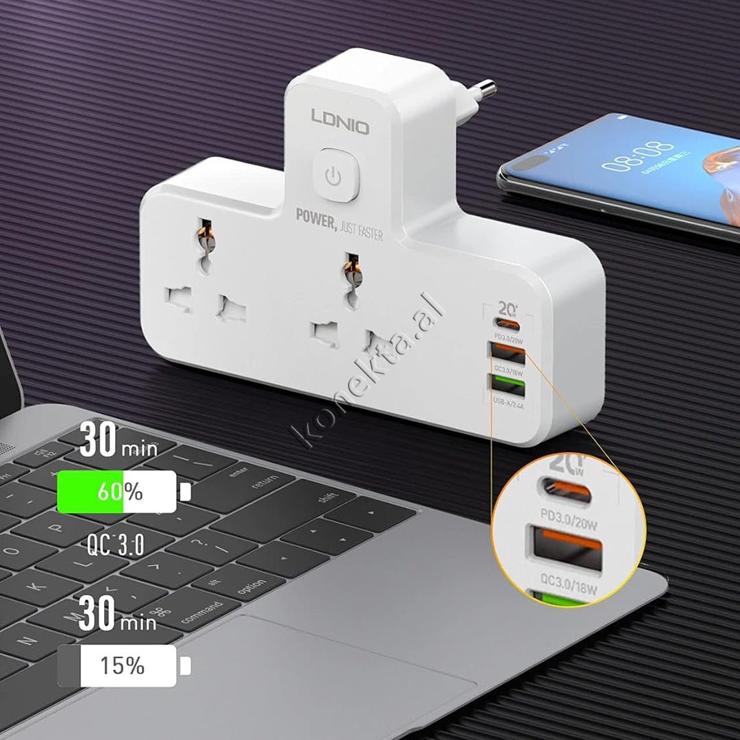 XO Multiprize 2 Vendeshe Power Strip Me 3 Porta Karikimi Te Shpejte dhe Dritë Nate LED - Thumbnail 6