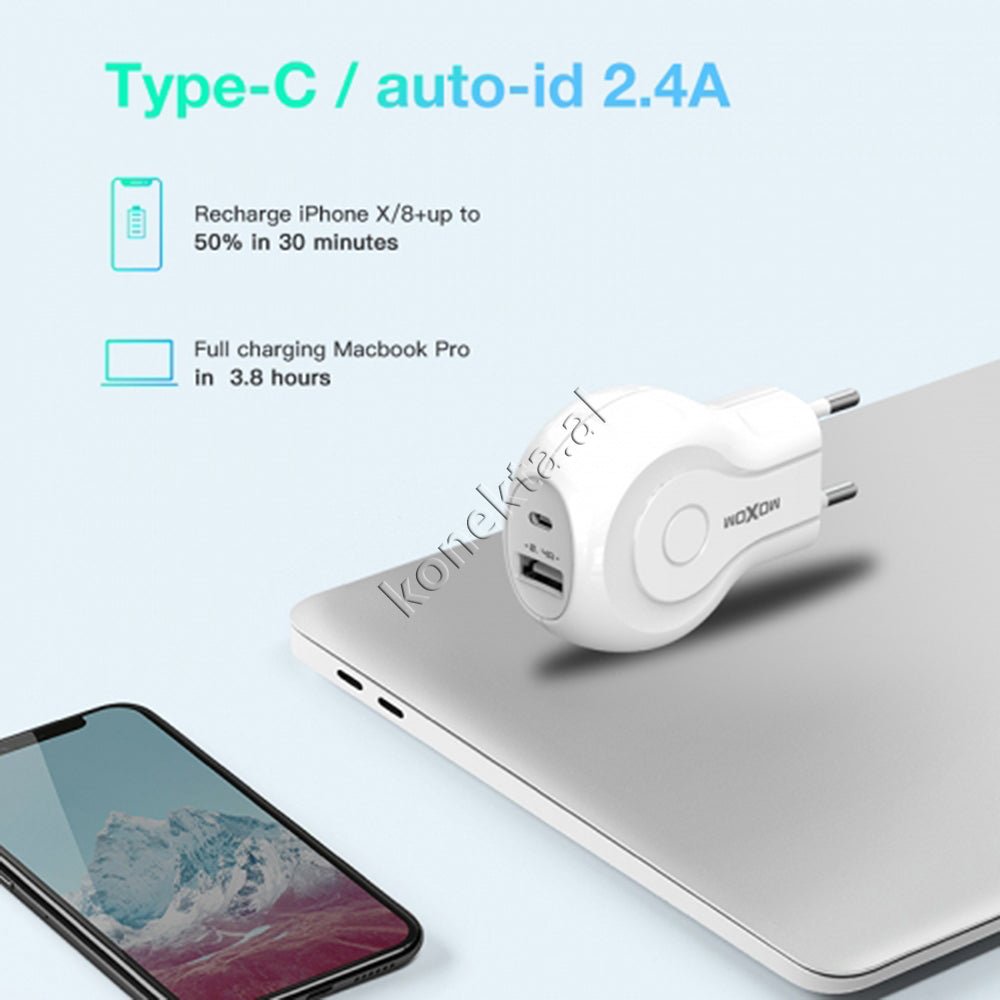 Moxom Adaptor Karikimi Me 2 Porta USB Dhe Type-C, E Bardhe - Thumbnail 3