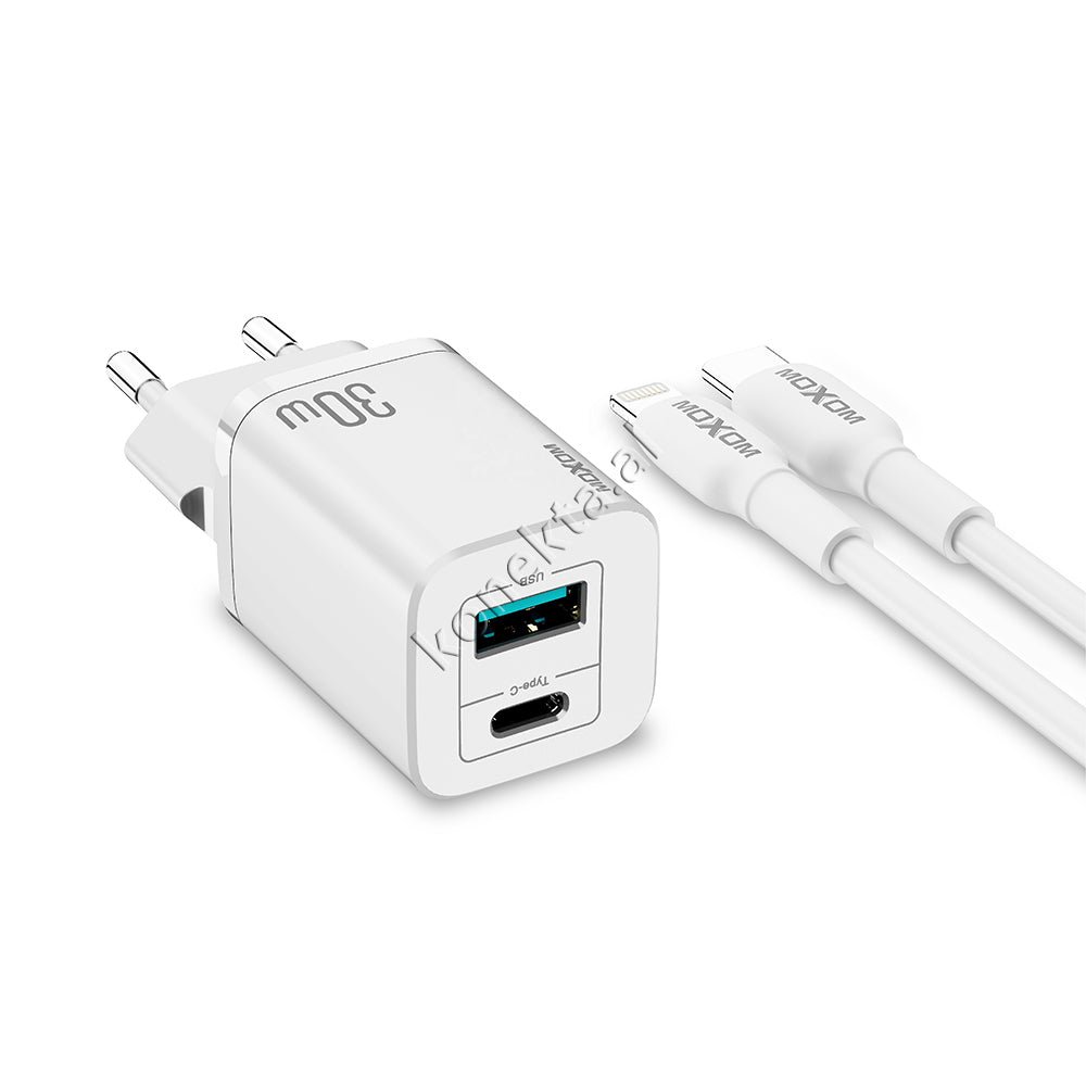 Moxom Adaptor Karikimi, E Bardhe, 30W, Me 2 Porta Dhe Kabell Type-C Ne Lightning Ose Type-C - Image 1
