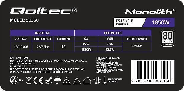 Qoltec Gaming Miner 50350 Inny Power Supply, 1850W - Thumbnail 3