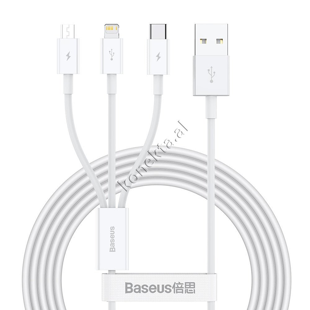 Baseus Kabell USB 3 Ne 1 Lightning, Micro & Type-C, 1.5m, E Bardhe - Image 1