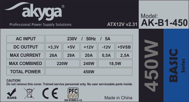 Akyga AK-B1-450 Power Supply, 450W, ATX 2.31, Grey - Thumbnail 4