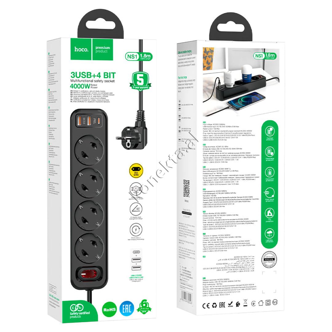 HOCO Multiprize 4 Vendeshe Power Strip, 4000W, 3 USB Ports, Type-C - Thumbnail 6