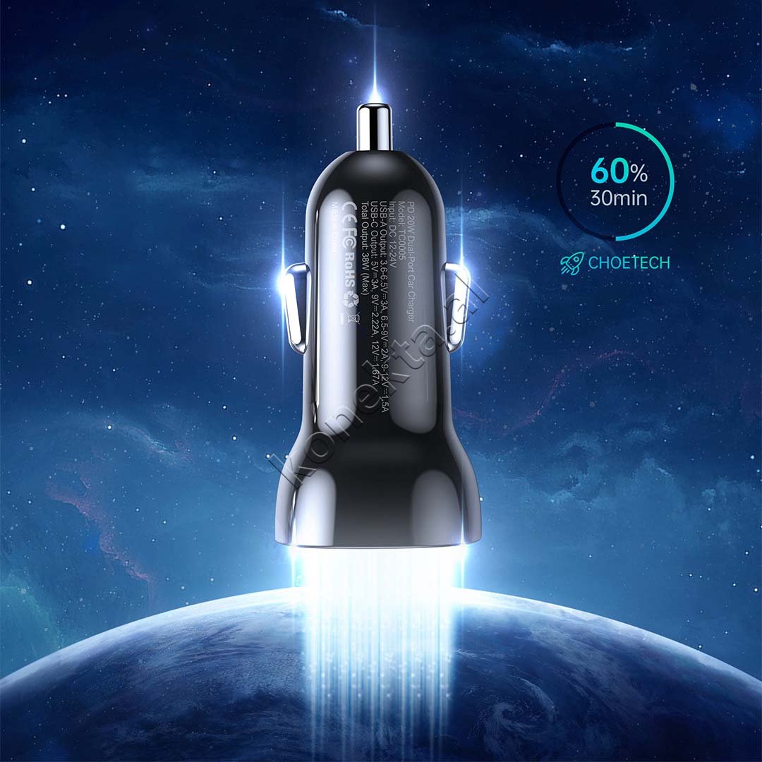 Choetech Car Charger, 38W, 2 Ports USB-A + Type-C - Thumbnail 4