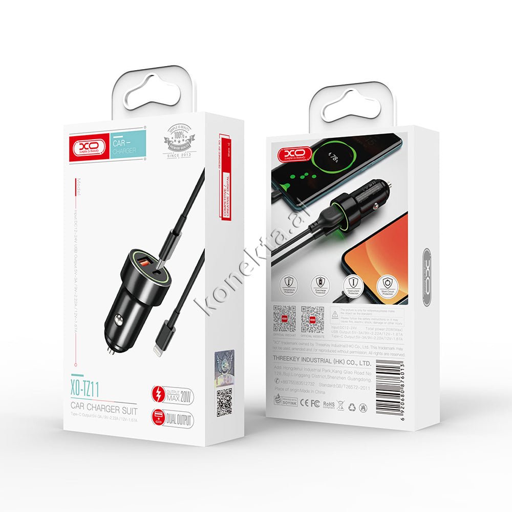 XO 20W Car Charger with USB & Type-C Ports and 1m Lightning Cable, Black - Thumbnail 2