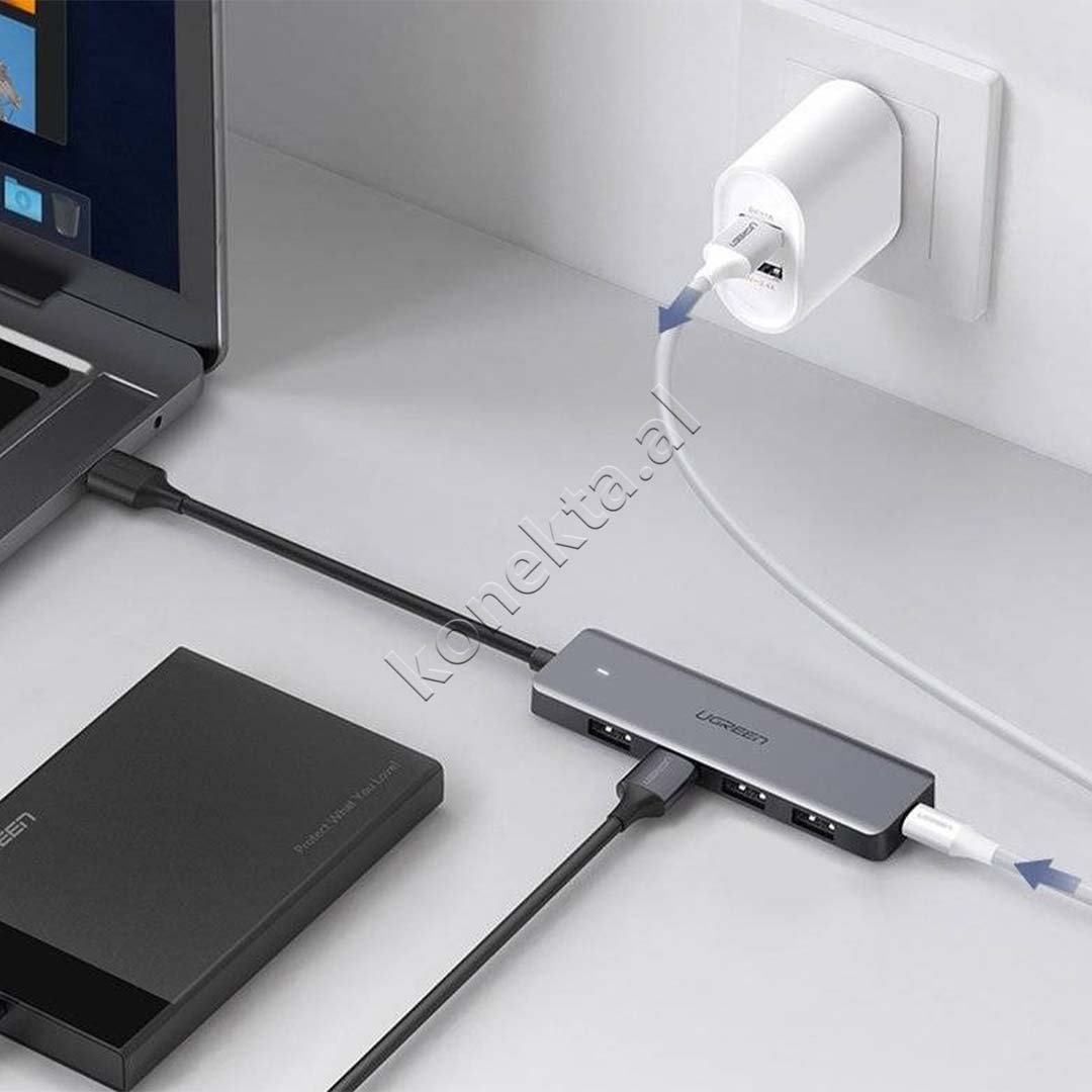 Ugreen USB Hub, 4 Porta USB 3.0, Kabëll Type-C, E argjendtë - Thumbnail 2