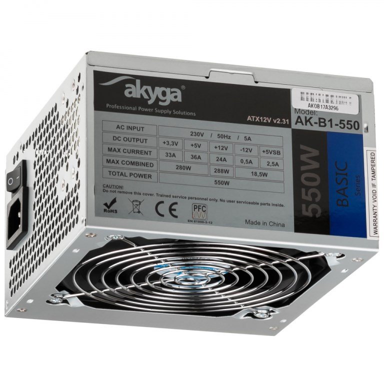 Akyga AK-B1-550 Power Supply, 20+4 pin ATX, 550 W, Grey - Image 1