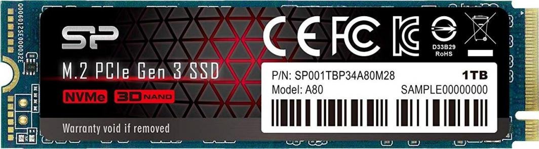 Silicon Power P34A80 SSD, 1TB, M.2 2280 PCI-E x4 Gen3 NVMe - Image 1