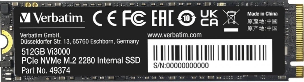 Verbatim Vi3000 SSD, 512GB, M.2 2280, PCI-E x4 Gen4 NVMe - Image 1