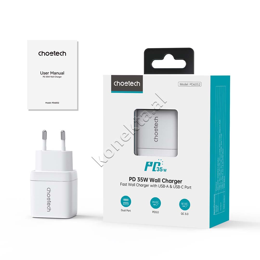 Choetech Adaptor Karikimi 35W Me Porte USB-A Dhe Type-C Me Display - Thumbnail 8