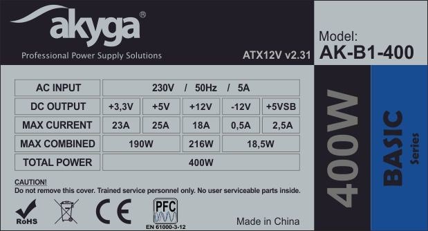 Akyga AK-B1-400 Power Supply, 400W, ATX 12V 2.0 - Thumbnail 5