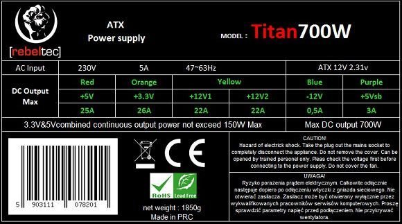 Rebeltec Titan RBLZAS00004 Power Supply, 700W - Thumbnail 3