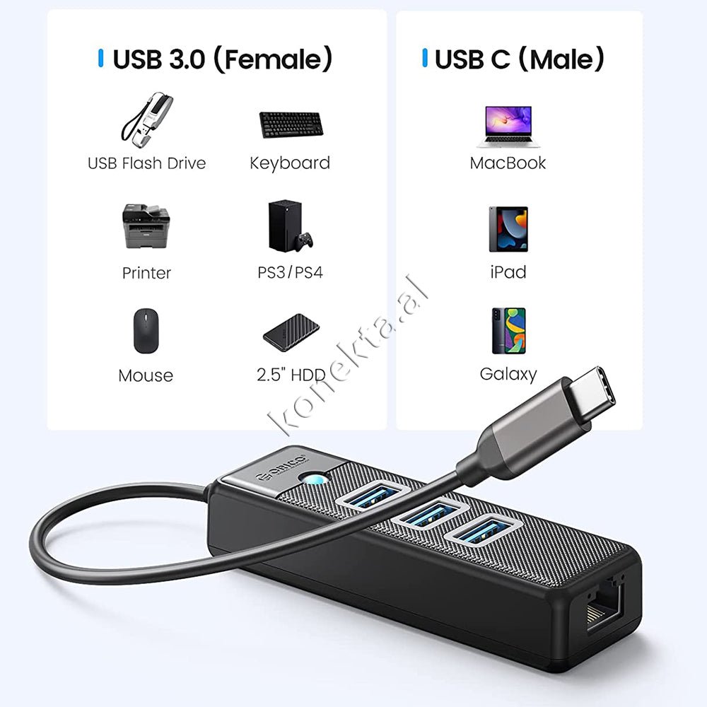 Orico USB Hub, 3 Porta USB3.0 dhe LAN, E zezë - Thumbnail 4