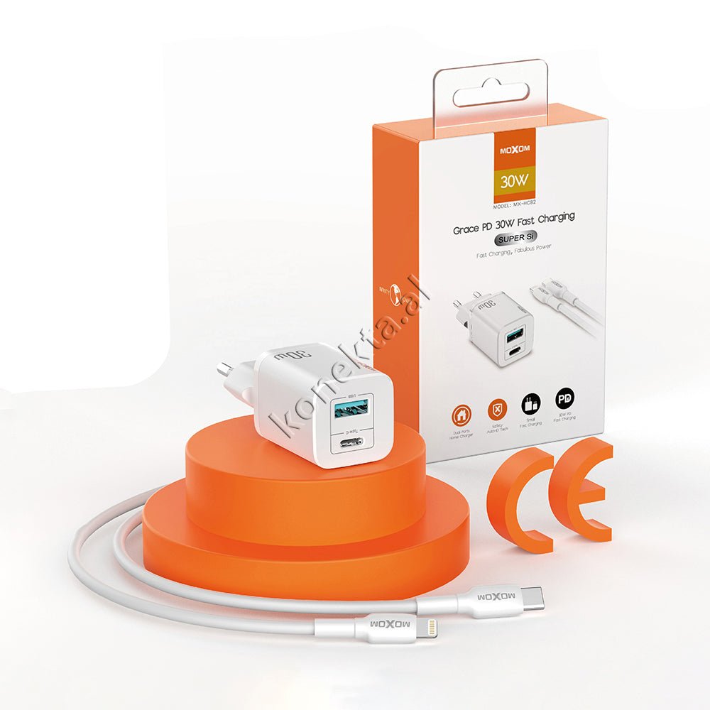 Moxom Adaptor Karikimi, E Bardhe, 30W, Me 2 Porta Dhe Kabell Type-C Ne Lightning Ose Type-C - Thumbnail 2