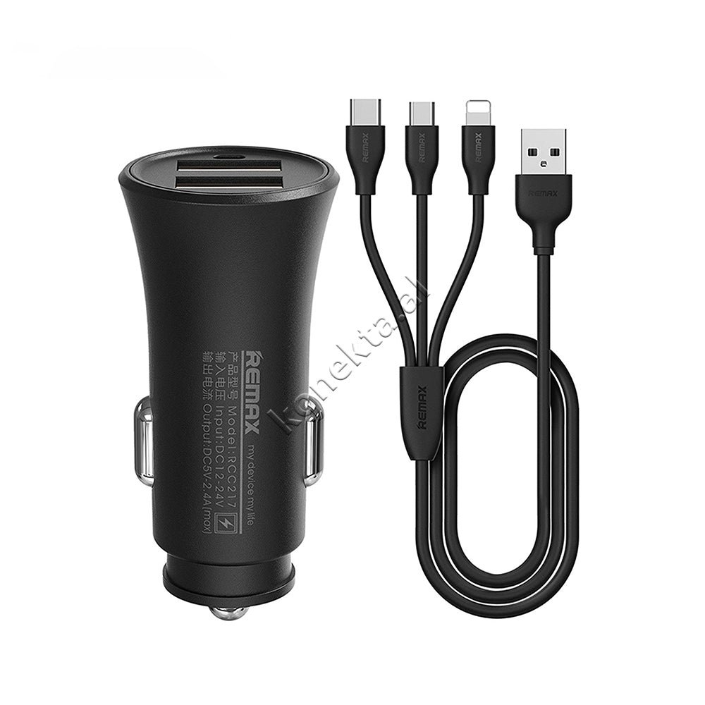 REMAX Adaptor Karikimi 2.4A Me 2 Porta USB + Kabell 3 Ne 1, E Zeze - Image 1