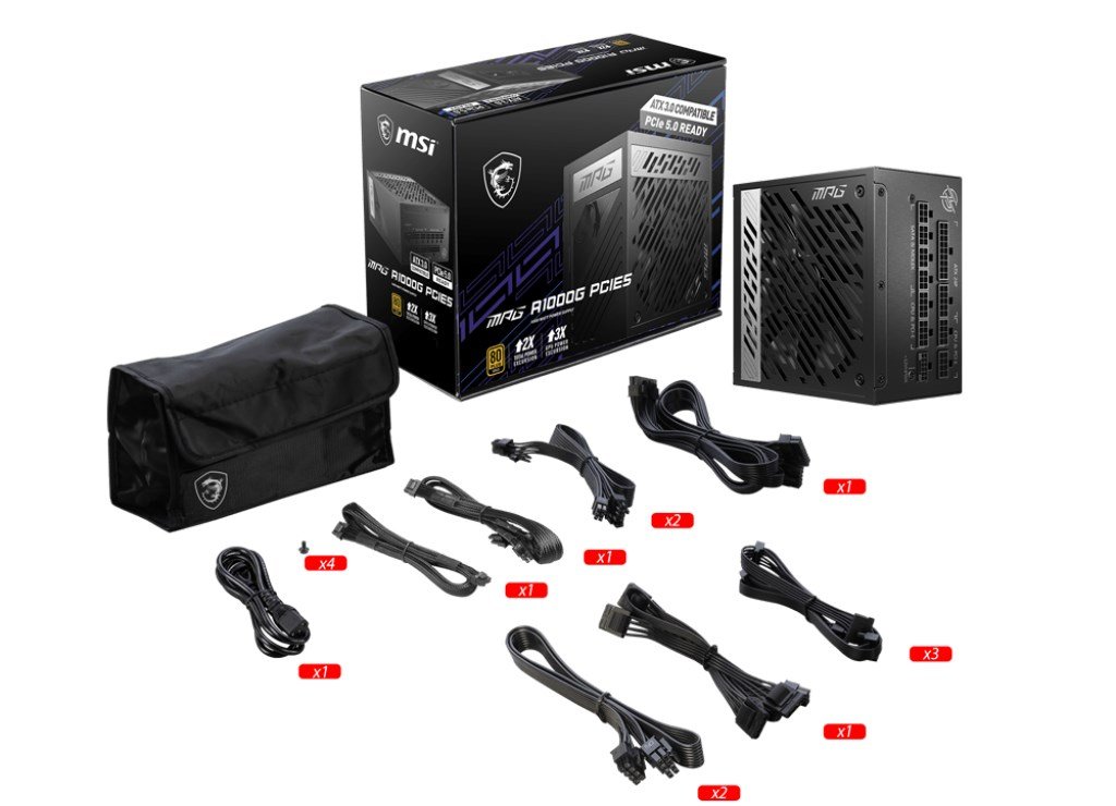 MSI MPG A1000G PCIE5 Power Supply, 20+4 pin ATX, 1000 W, Black - Thumbnail 5