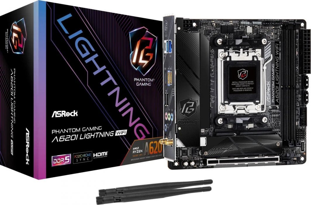 ASRock A620I LIGHTNING WIFI Motherboard, Black, Wi-Fi 6E, 2.5 Gb/s LAN, RGB - Image 1