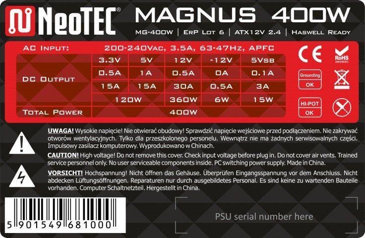 NeoTec Magnus MG-400W ATX Power Supply, 400W - Thumbnail 7