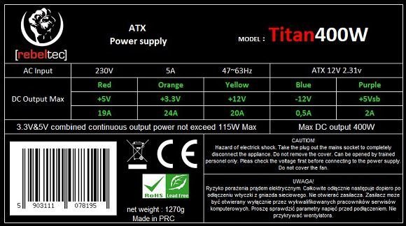 Rebeltec Titan Power Supply, 400W - Thumbnail 3