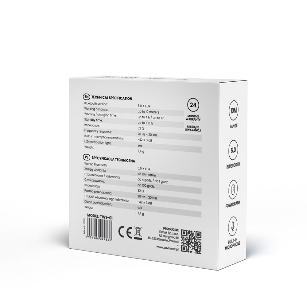 Savio TWS-01 Earbuds, Wireless, White - Thumbnail 7
