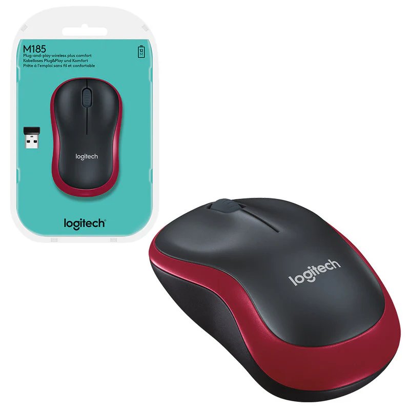 Logitech M185 Mouse, Wireless, Red - Image 1