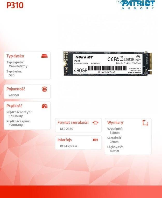 Patriot P310 SSD, 480GB, M.2 2280 PCI-E x4 Gen3 NVMe - Thumbnail 9