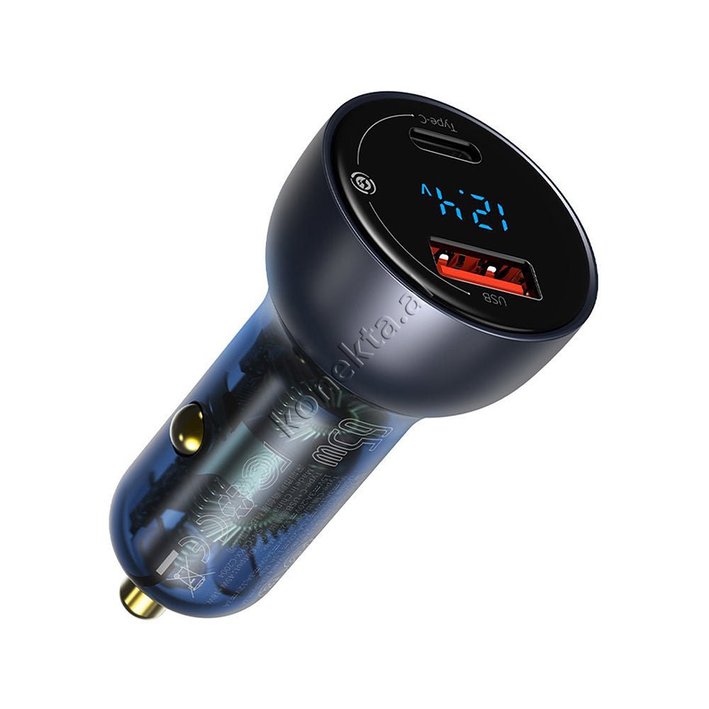 Baseus Digital Display Car Charger, 65W, 2 USB Ports, Type-C, Black/Grey - Image 1