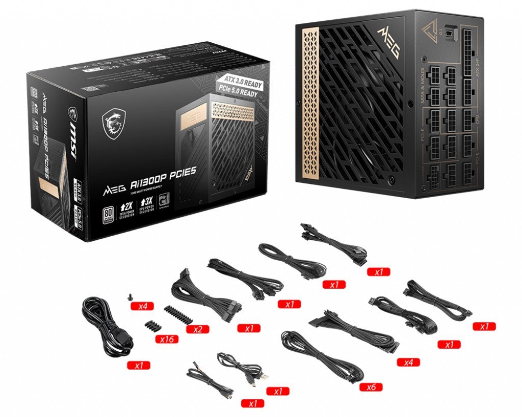MSI MEG AI1300P PCIE5 Power Supply, 24-pin ATX, 1300 W, Black - Thumbnail 5