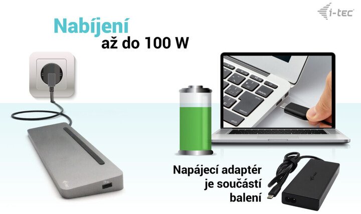 I-Tec Docking Station USB-C Metal Ergonomic, 3x 4K Display, PD 100W + i-tec Universal Charger 100 W - Thumbnail 3