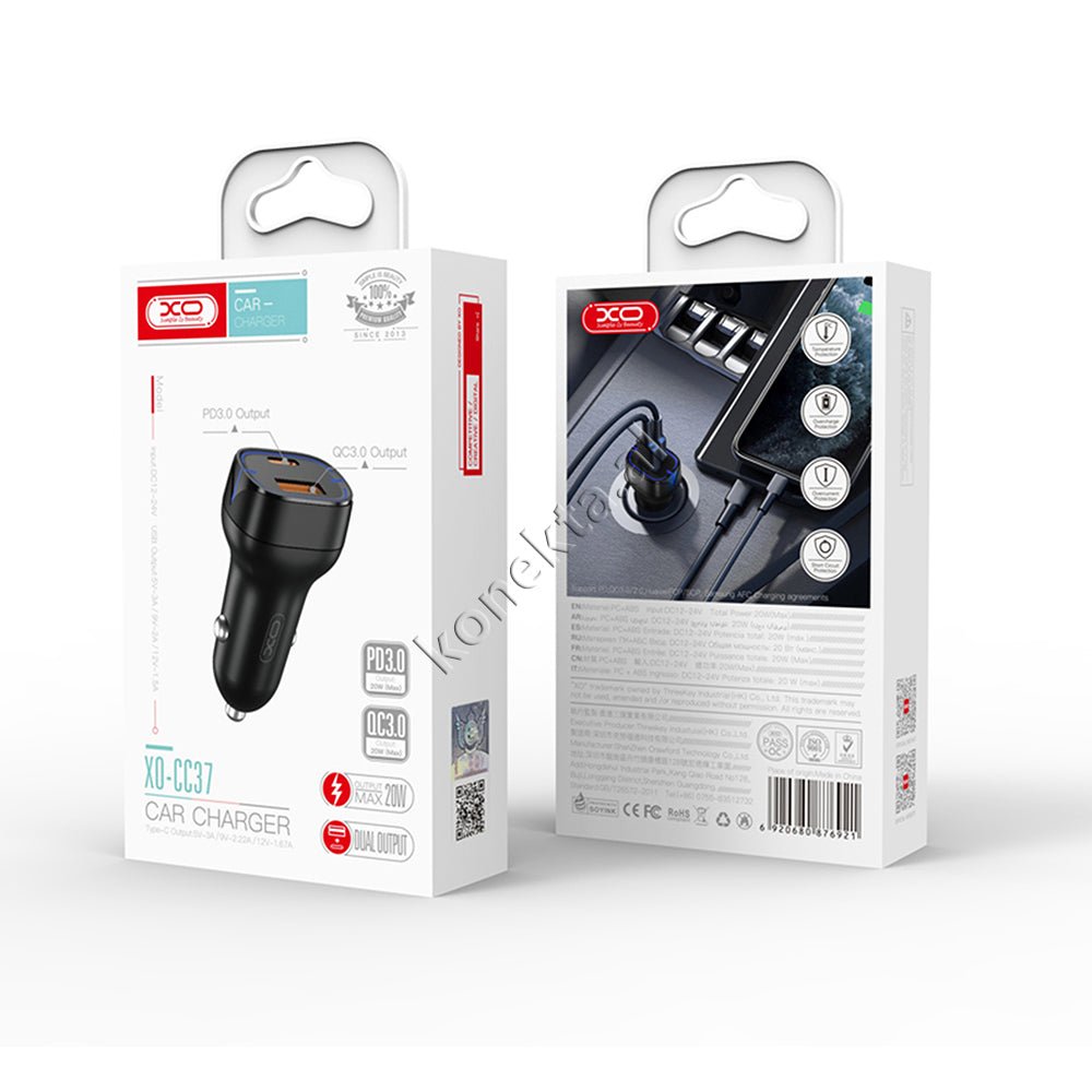 XO 20W Car Charger, Black / White, USB & Type-C Ports - Thumbnail 2