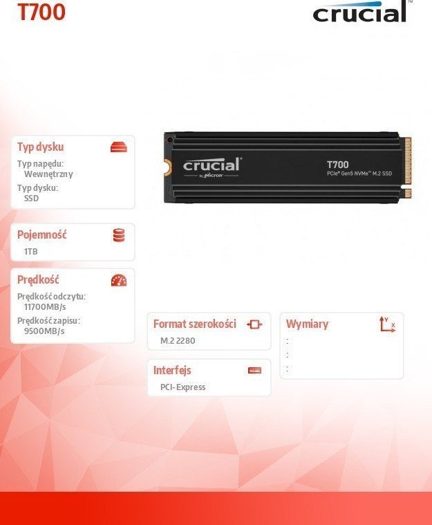 Crucial T700 SSD, 1TB, M.2 2280 PCI-E x4 Gen5 NVMe 2.0 - Thumbnail 2