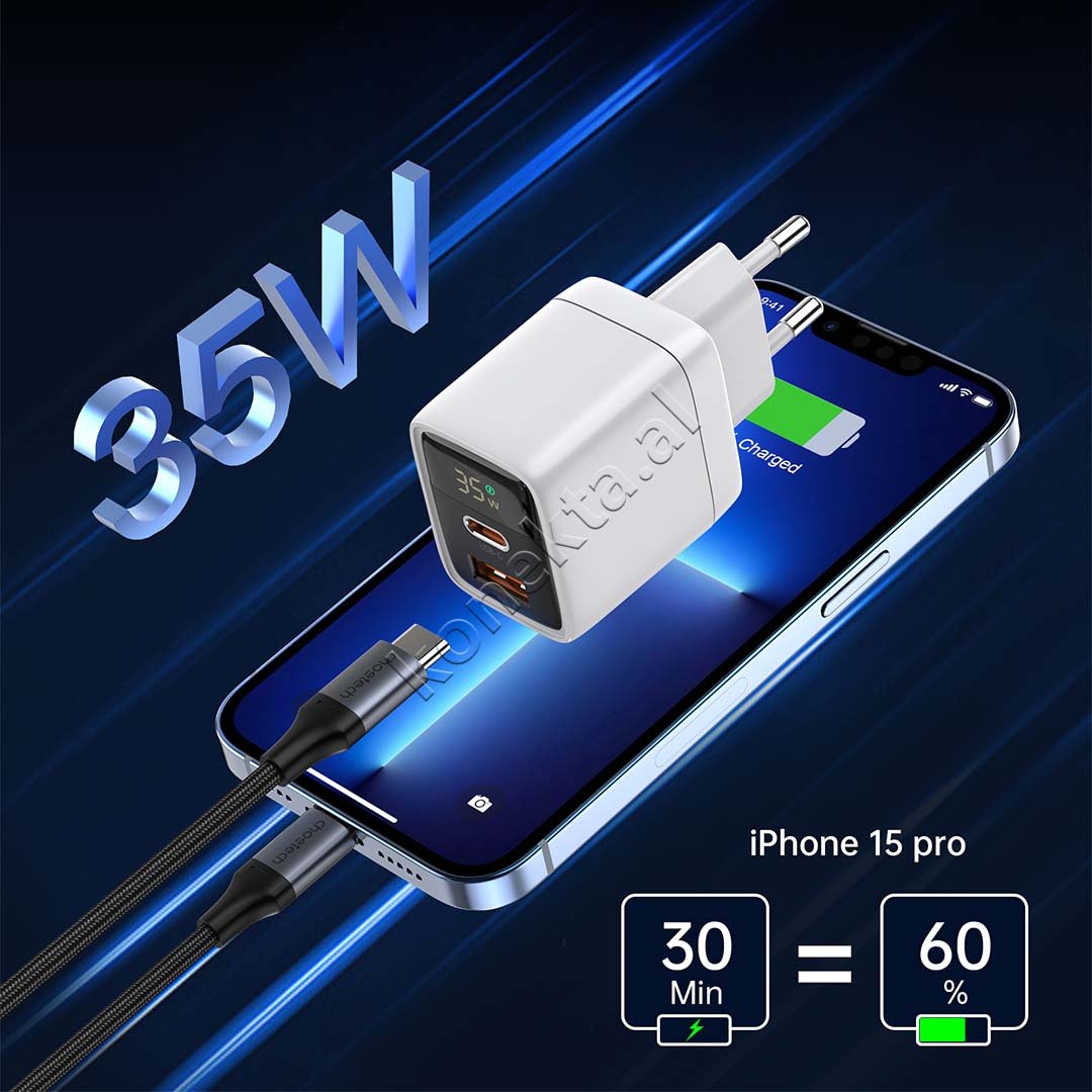 Choetech Adaptor Karikimi 35W Me Porte USB-A Dhe Type-C Me Display - Thumbnail 4