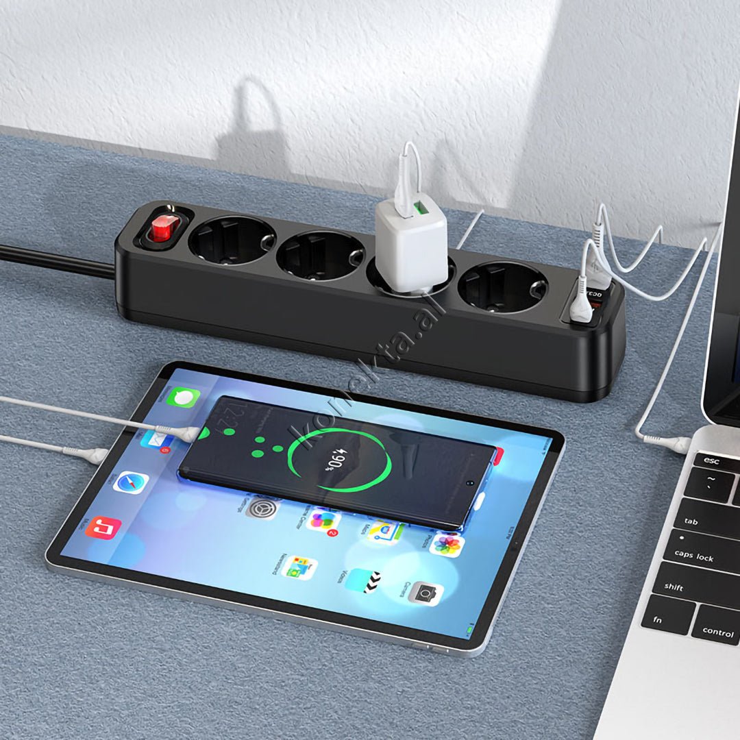 HOCO Multiprize 4 Vendeshe Power Strip, 4000W, 3 USB Ports, Type-C - Thumbnail 2