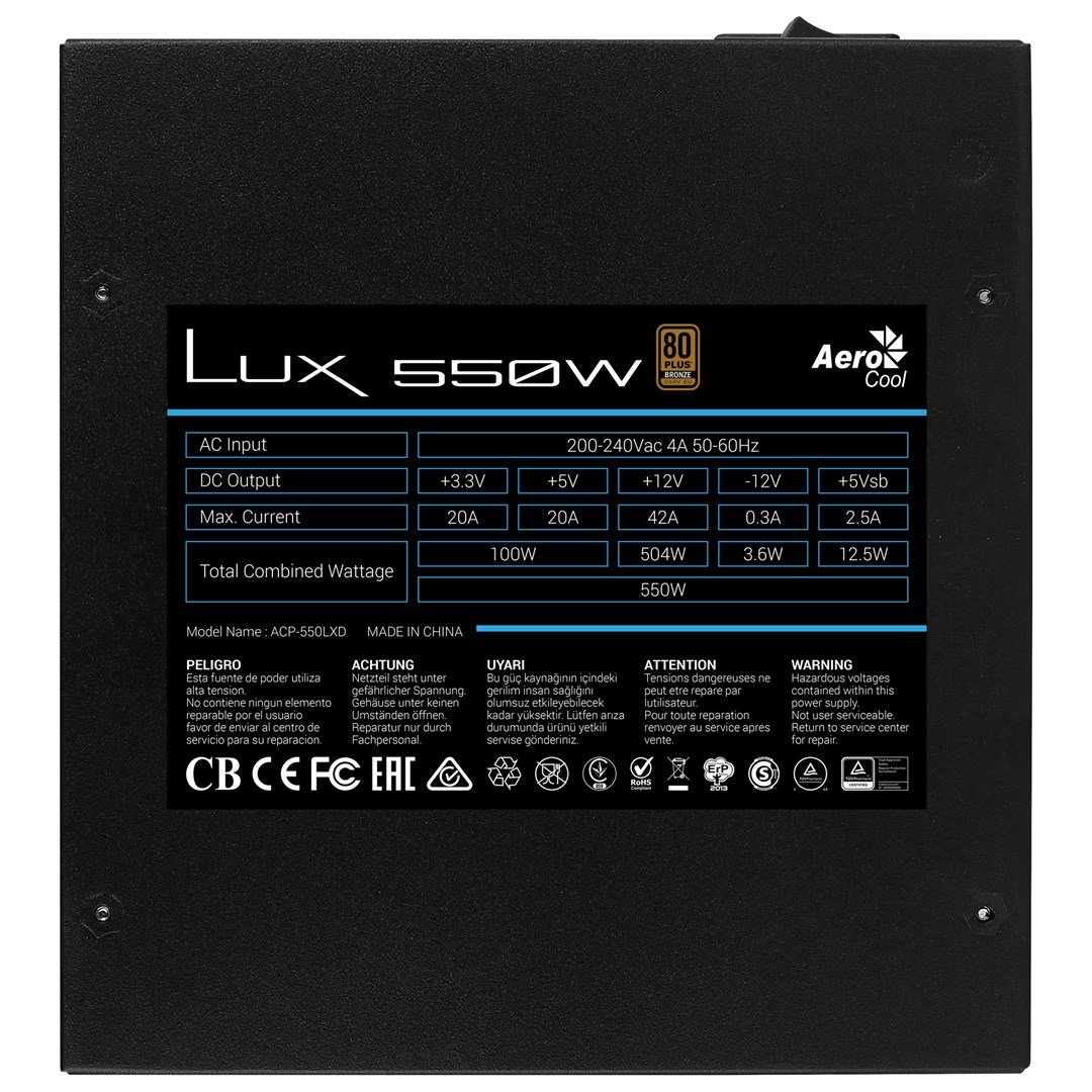 Aerocool LUX 550W Power Supply, 80Plus Bronze, 12 cm, Black - Thumbnail 4