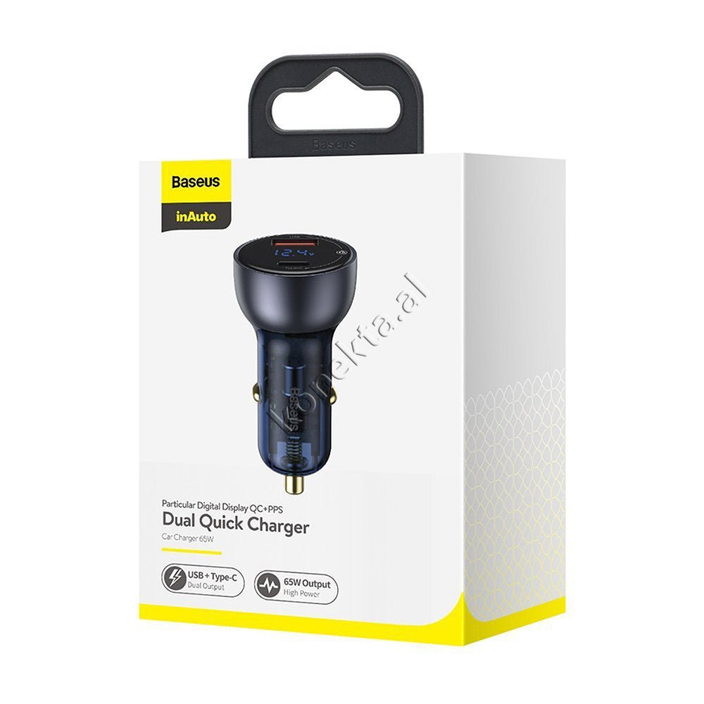 Baseus Digital Display Car Charger, 65W, 2 USB Ports, Type-C, Black/Grey - Thumbnail 2