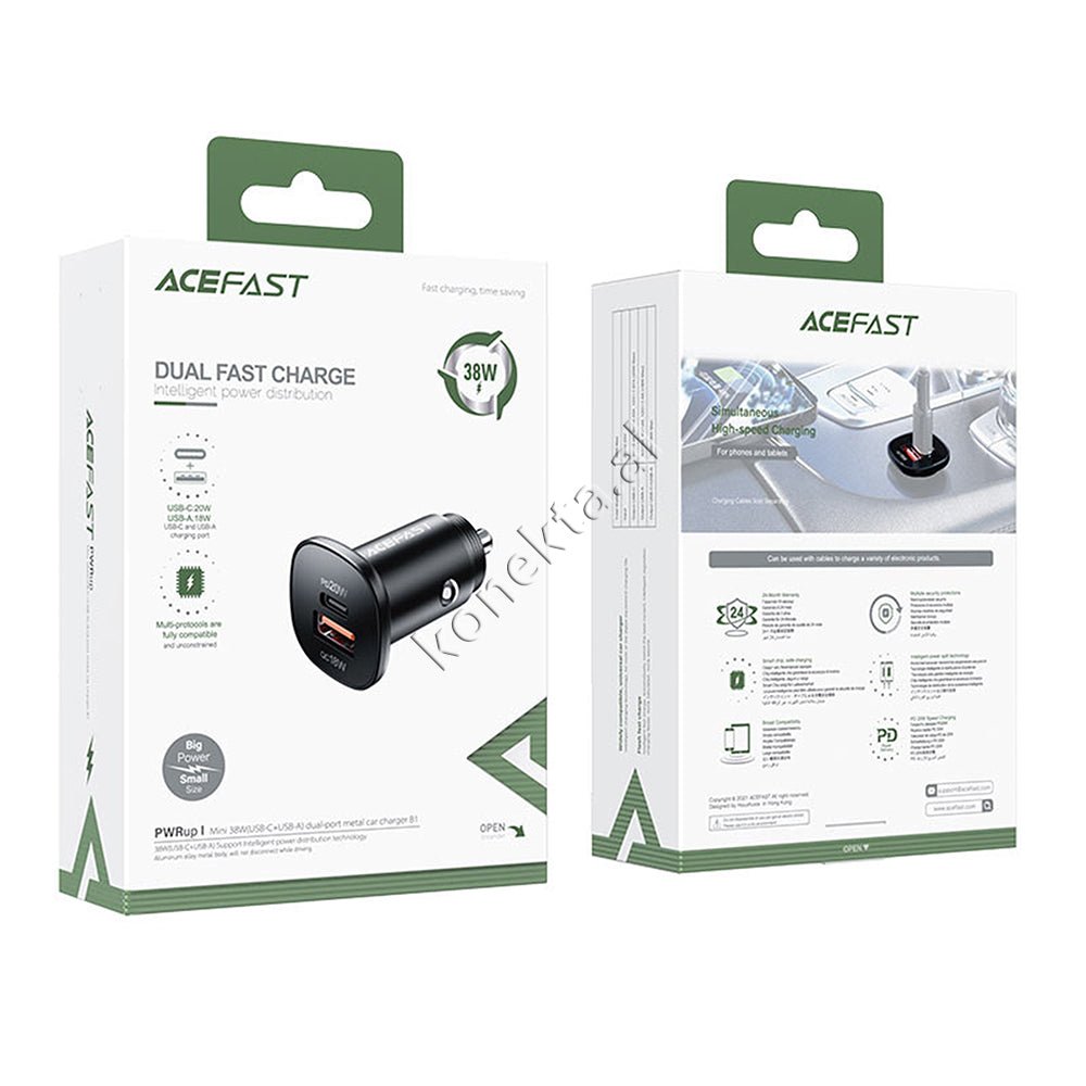 AceFast Car Charger 38W with USB and Type-C Ports - Thumbnail 2