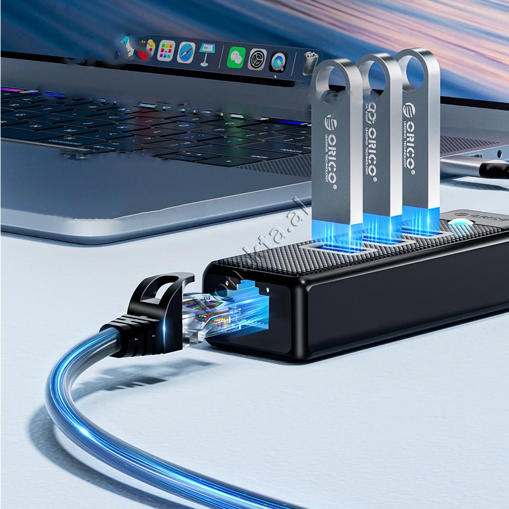 Orico USB Hub, 3 Porta USB3.0 dhe LAN, E zezë - Thumbnail 2