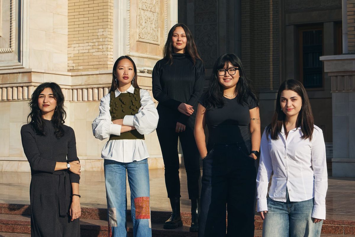 Portrait of the curators of the 2026 Uzbekistan Pavilion (left to right): Aziza Izamova, Thái Hà, Sophie Mayuko Arni, Nico Sun, and Kamila Mukhitdinova — Courtesy the Uzbekistan Art and Culture Development Foundation, Tashkent (ArtAsiaPacific)