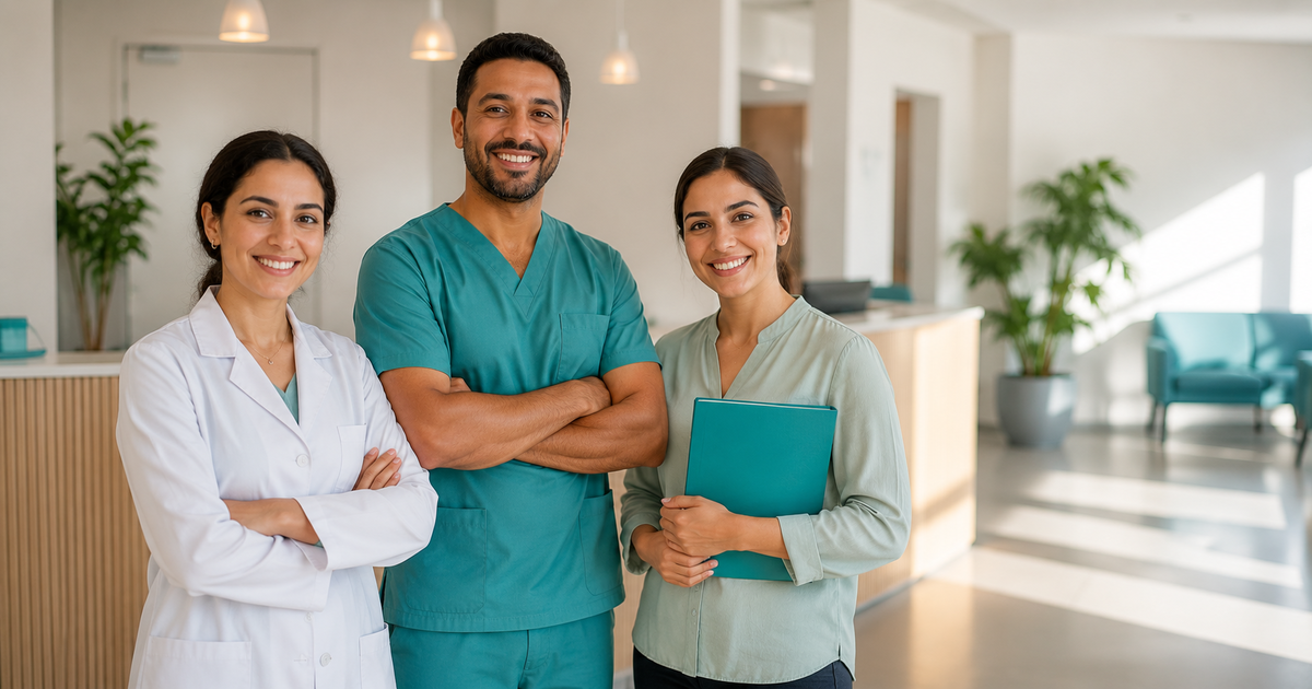 Équipe médicale souriante dans l'accueil d'un cabinet moderne au Maroc, merci pour l'offre de lancement drbook.ma