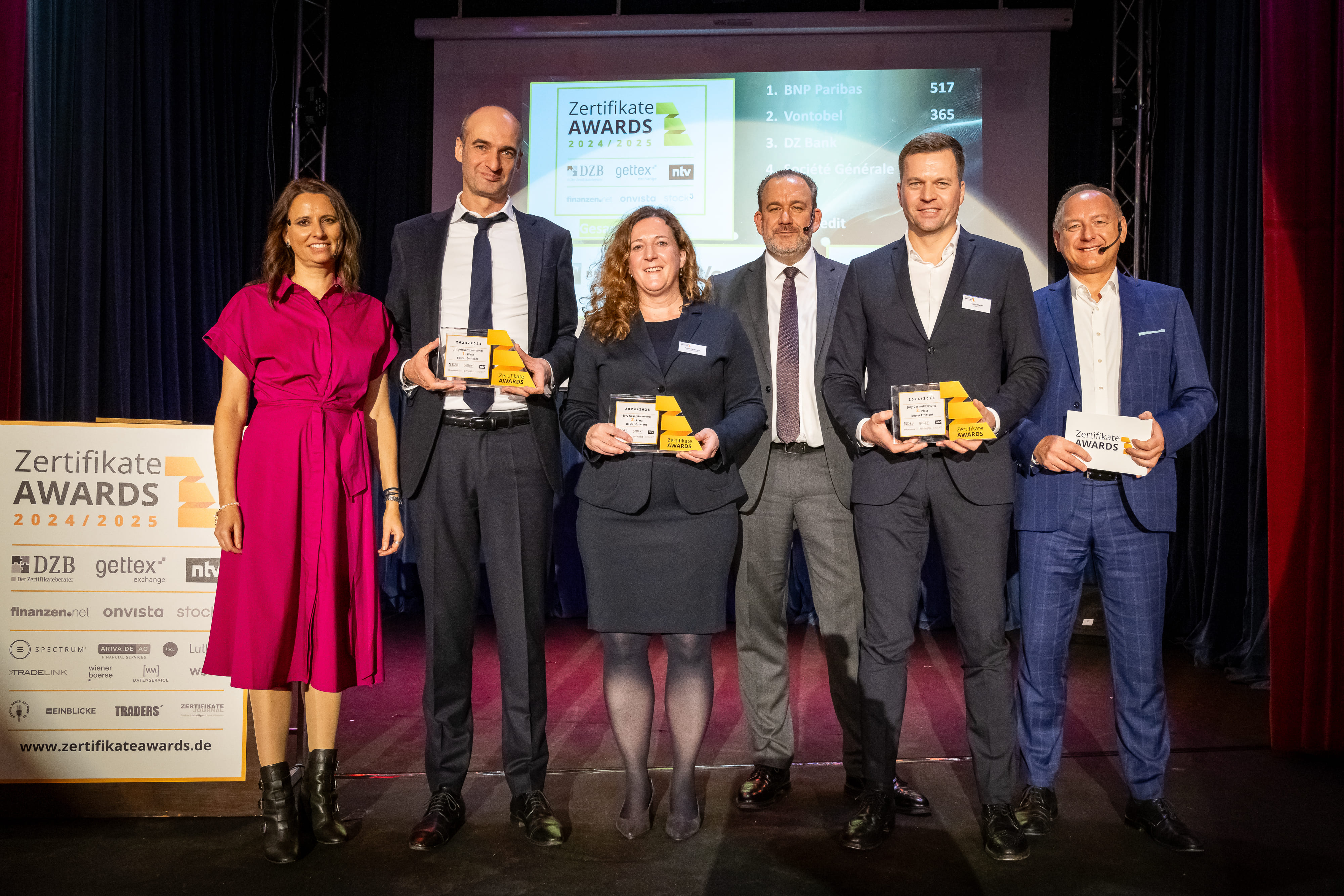 Daniela Helemann (DZB Media, Jury-Vorstand & Chefredakteurin), Gregoire Toublanc (BNP Paribas, 1. Platz), Nicole Wittmann (Vontobel, 2. Platz), Tobias Kramer (DZB Media, Geschäftsführer), Tobias Gabel (DZ Bank, 3. Platz), Friedhelm Tilgen (ntv, Moderator)