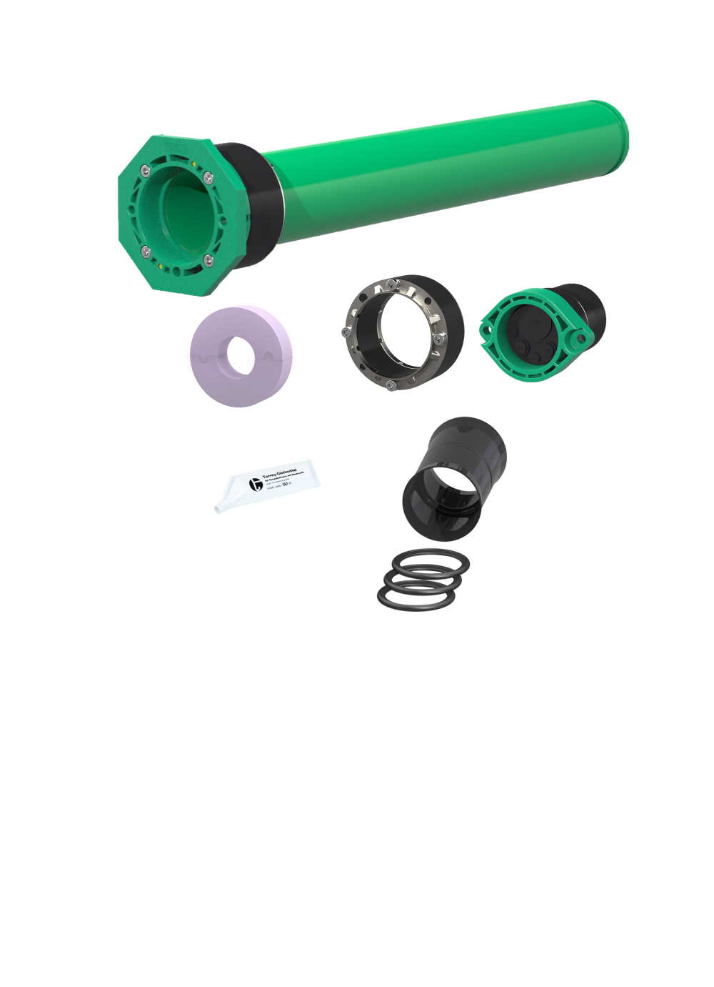 ETGAR Hausausführung Komplettsystem mit grünem Mantelrohr, Dichtelementen und Anschlusskomponenten zur Stromverteilung vom Hausanschluss in den Garten
