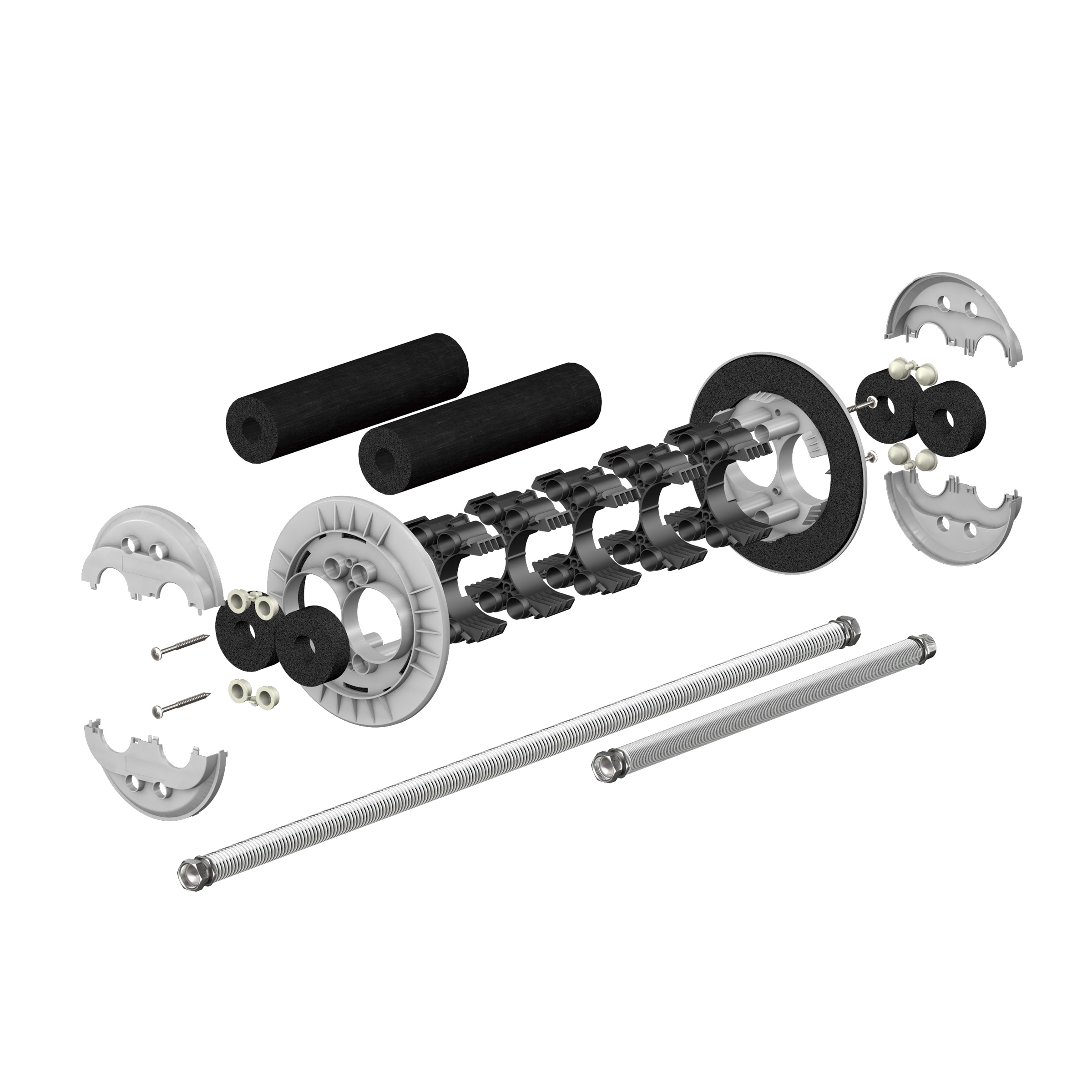 Explosionsdarstellung der DOYMAfix Connect HP/O Wanddurchführung mit Dichtelement, Segmenten, Edelstahlwellschläuchen und Kabelabdichtung für Wärmepumpen